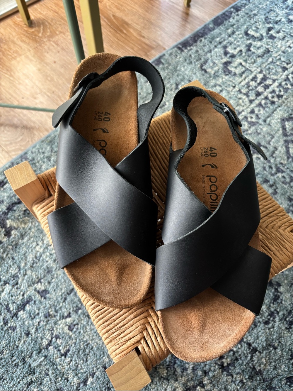 Papillio Black Cross-Strap Leather Sandals
